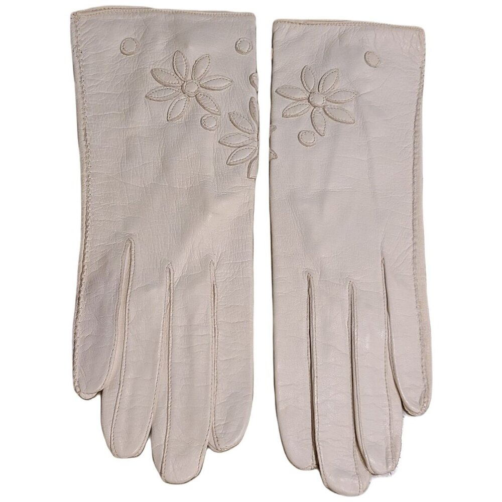 Vintage Size S 6 1/4 Cream Leather 8.5" Formal Gloves 3D Flower Wrist Button